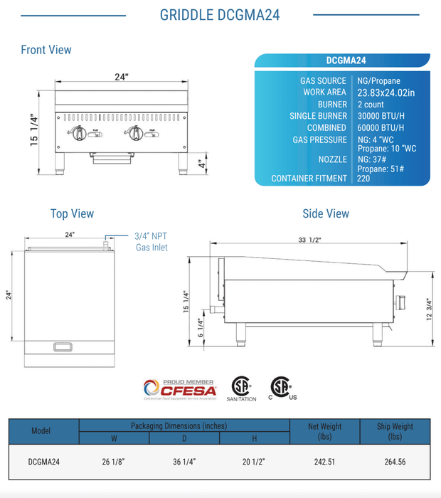 Dukers Gas Countertop Griddle