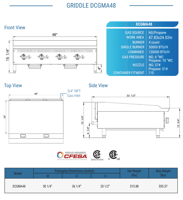 Dukers Gas Countertop Griddle