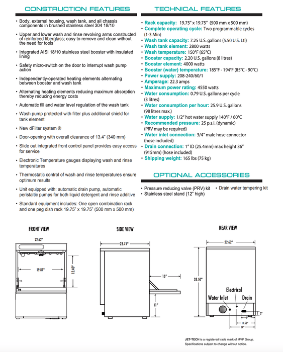 Jet-Tech EV18 High-Temperature Undercounter Dishwasher