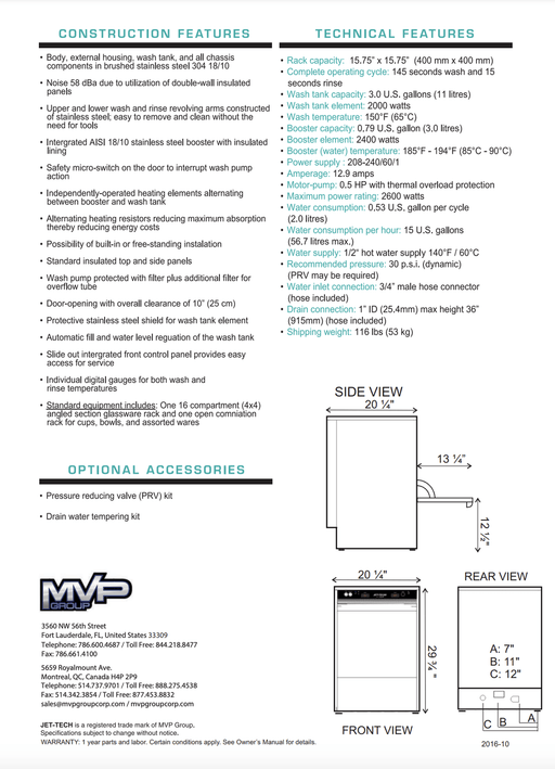 Jet-Tech F-18DP High-Temperature Undercounter Dishwasher