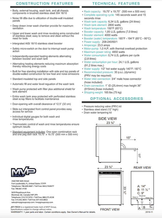 Jet-Tech F-18DP High-Temperature Undercounter Dishwasher