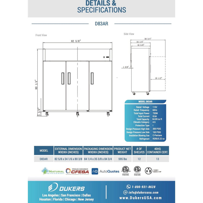 Dukers Commercial Reach In Refrigerator