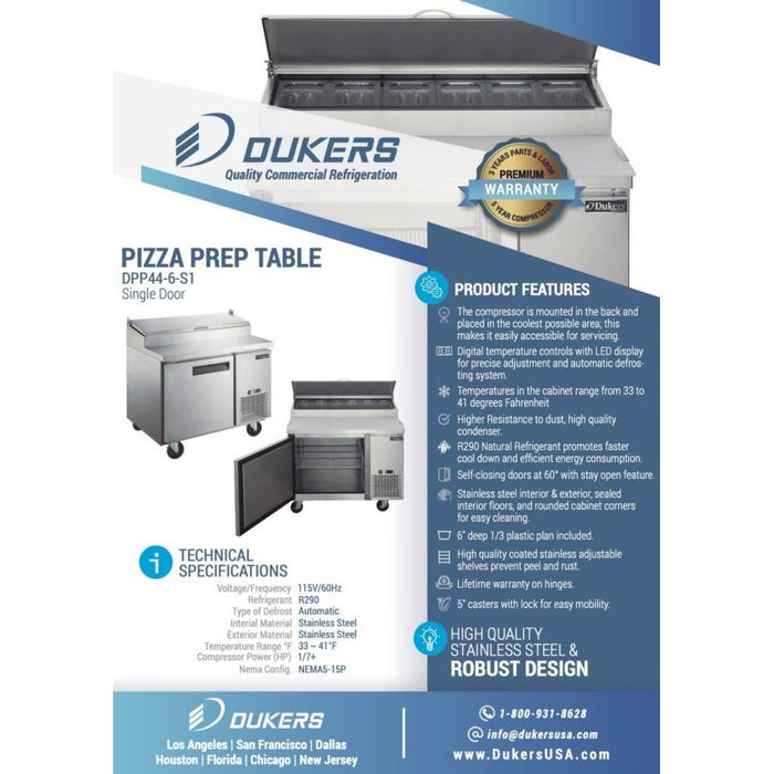 Dukers Commercial Pizza Prep Table Refrigerator