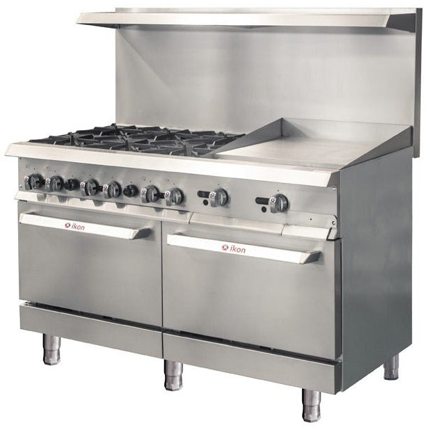 IKON IR-6B-24TG-60 59 9/10" 6 Burner Gas Range w/ Griddle & 2 Standard Ovens, Natural Gas